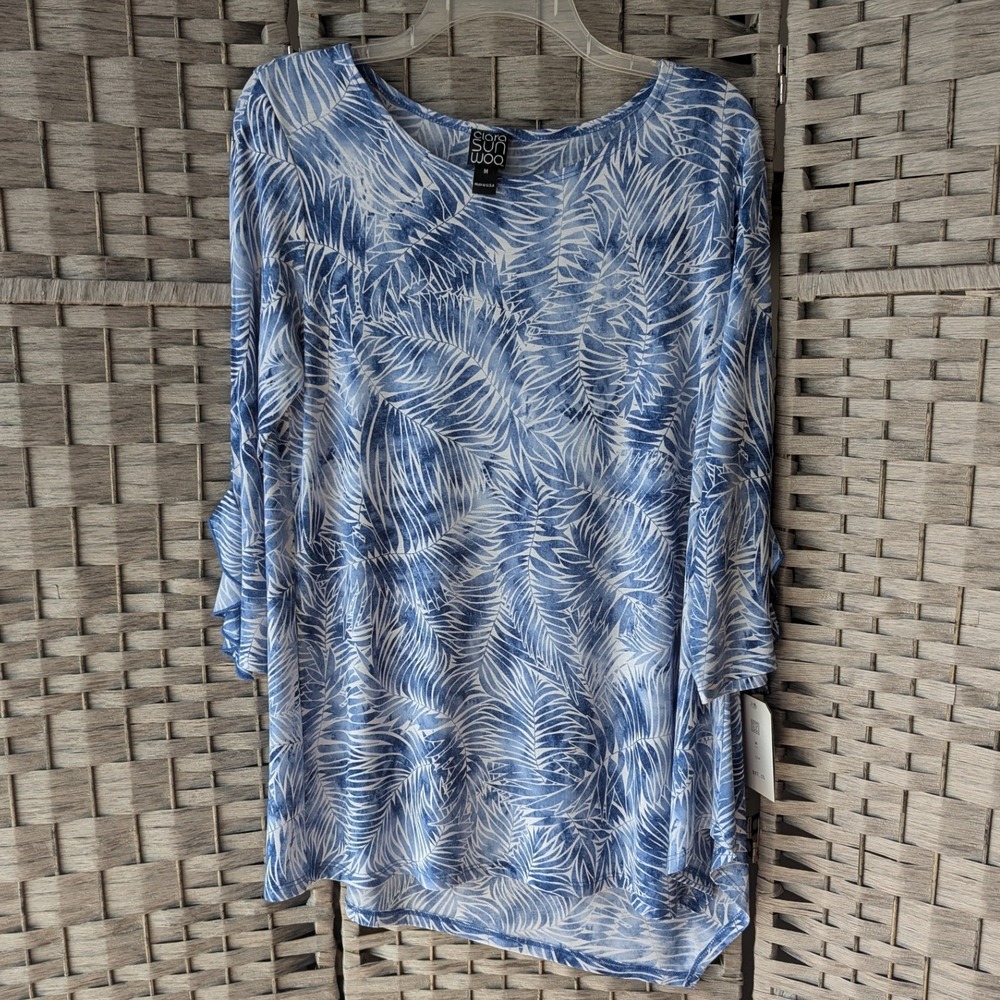 Clara Sunwoo Top Blue Palm Print Ruffle Bell Sleeve Sz Med Resortwear Coastal
